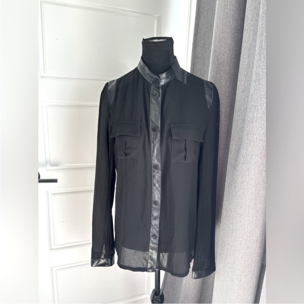 Genuine Lambskin leather detailing on this sheer military style blouse